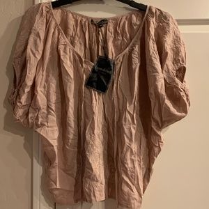 NWT LOVESTITCH Tan Flowy Blouse Short Slv V-Neck Top Sz MED w Embroidery Stitch